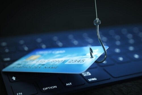 A credit card is hooked with a phishing line.
